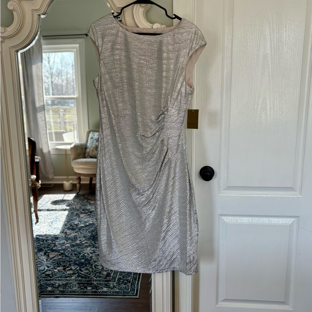 Nipon Boutique Metallic Silver Midi Dress with Draped Detail